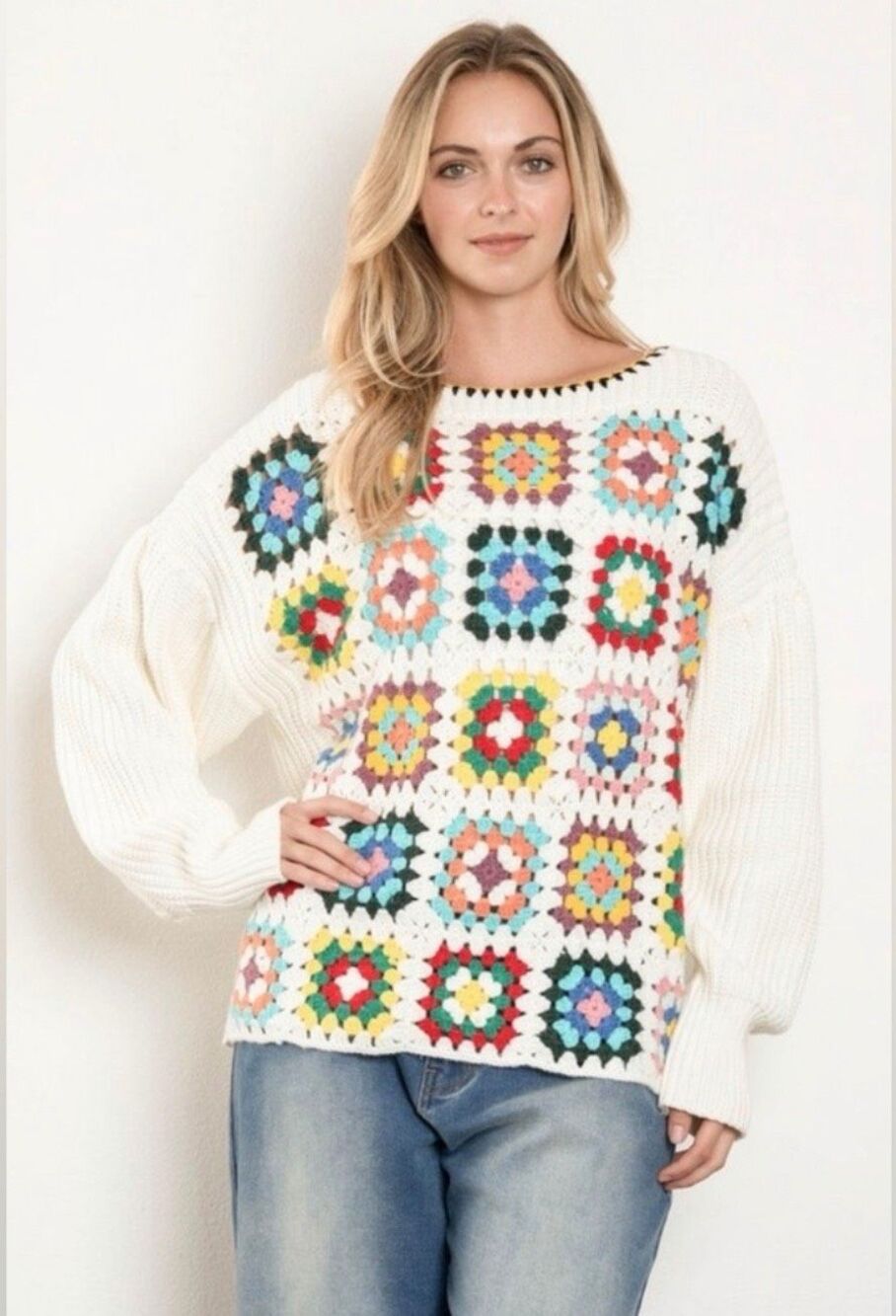 Blue Velvet Granny Square Cotton Sweater Size S